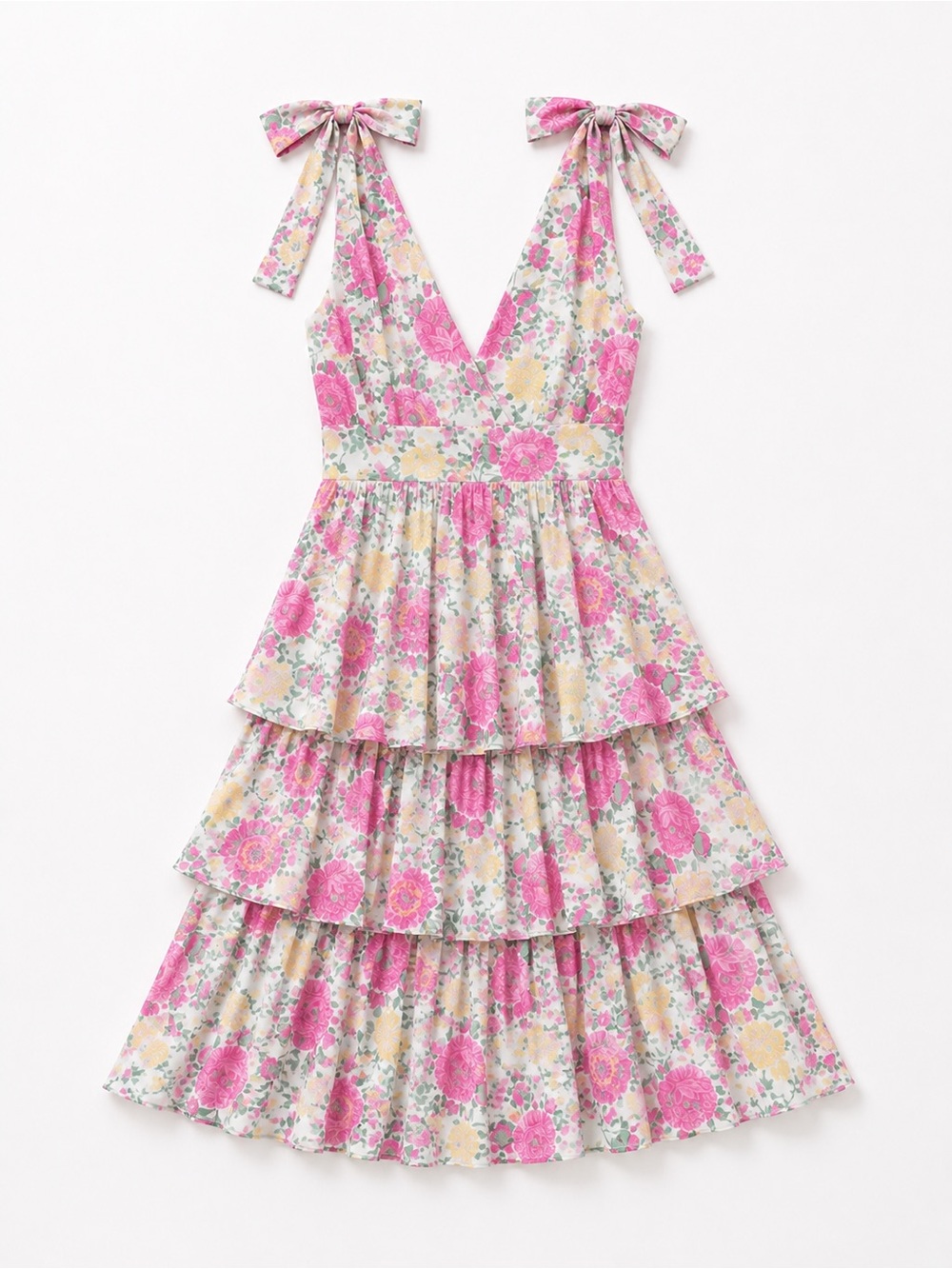 WAYF Floral Tiered Maxi Dress with Tie-Strap Shoulders - Pink Floral Size Medium - Picture 4 of 5